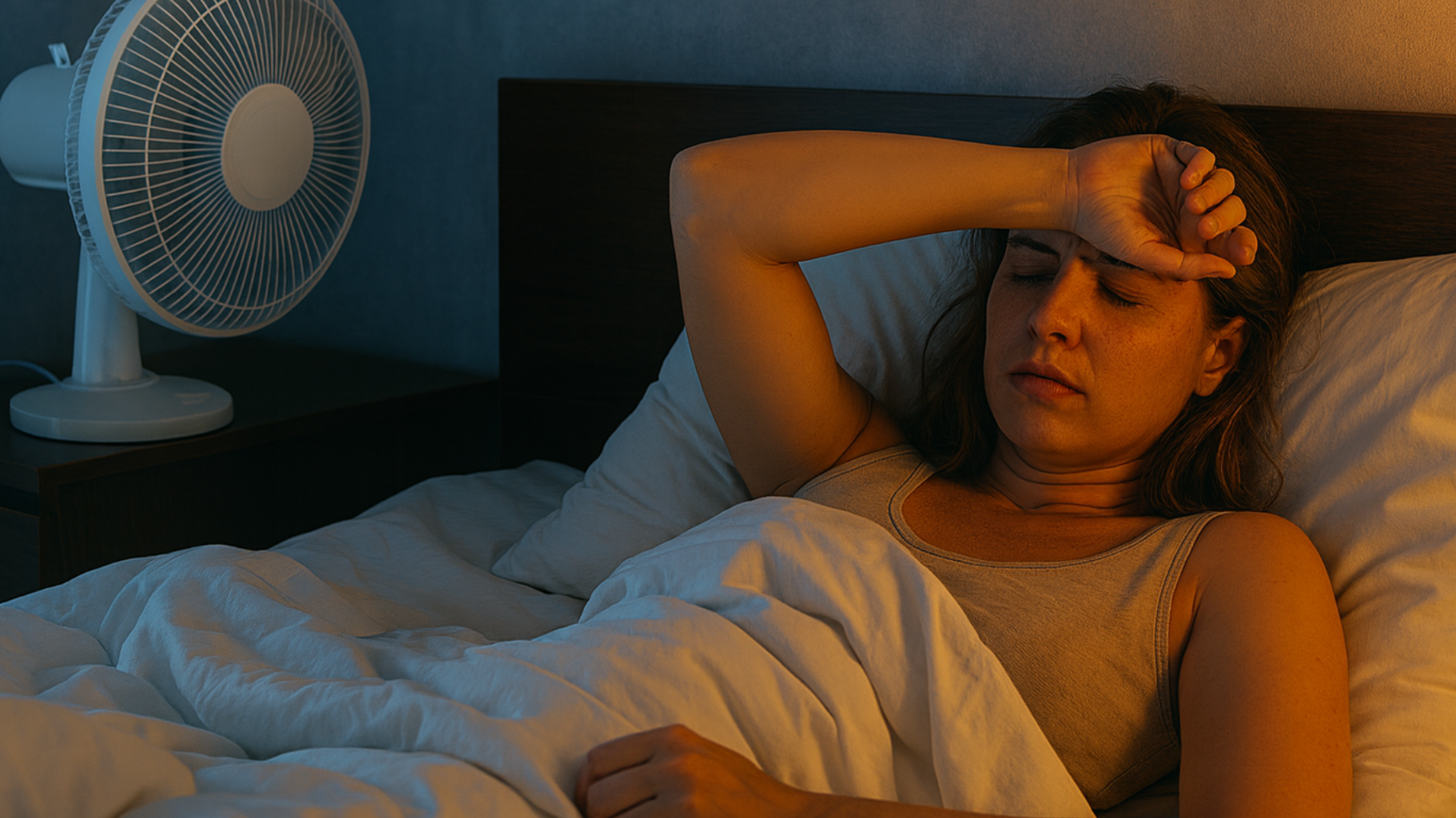 person sweating in sleep during summer with a fan