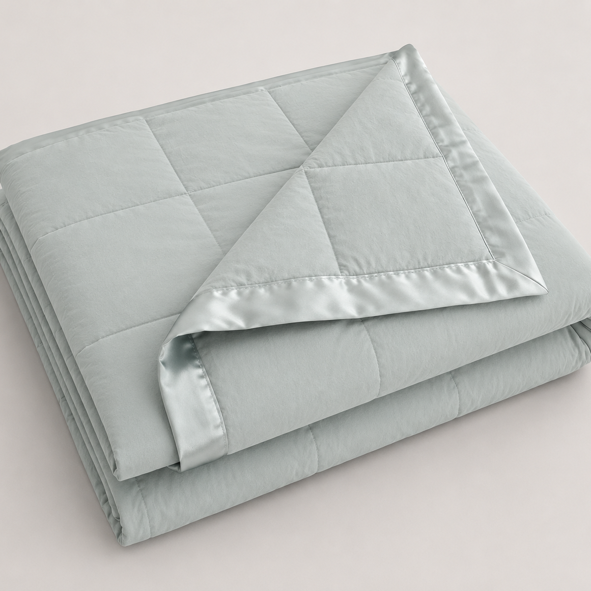 Duck down blanket folded, satin trim comforter