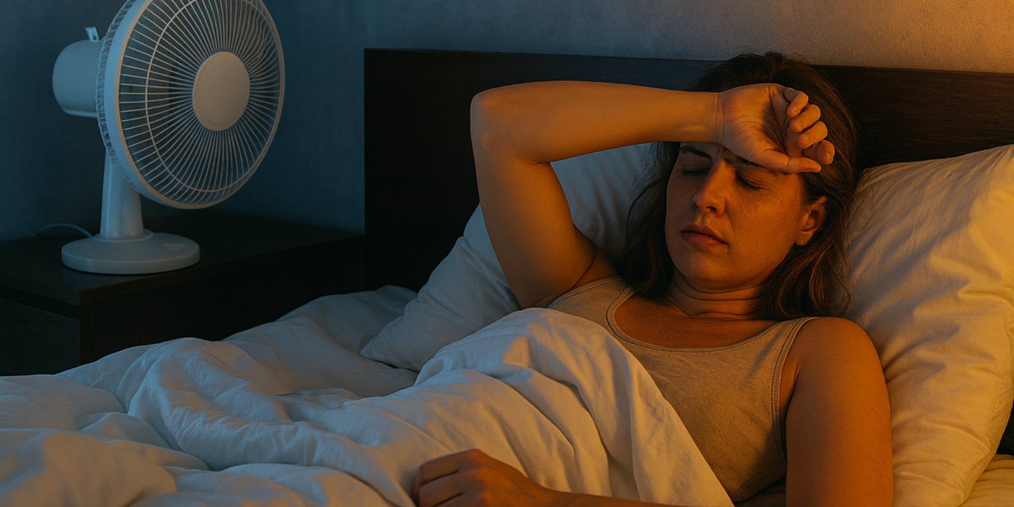 person sweating in sleep during summer with a fan