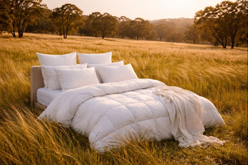 White bed with pillows in a field during sunset